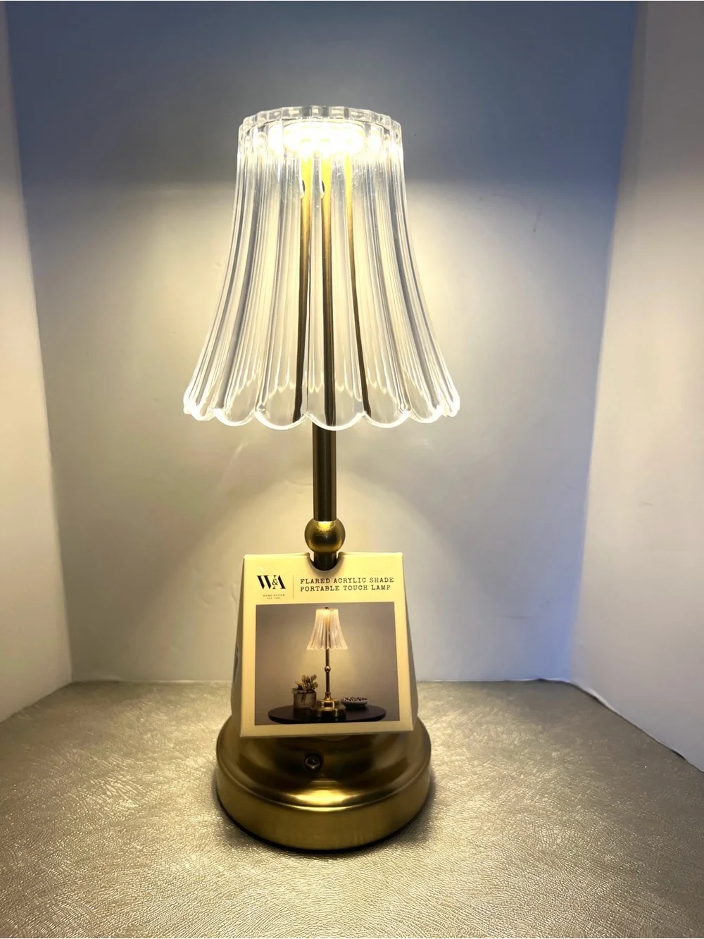 NEW W&A Home Decor Clear Acrylic Shade Rechargeable Touch Gold Table Lantern 12”